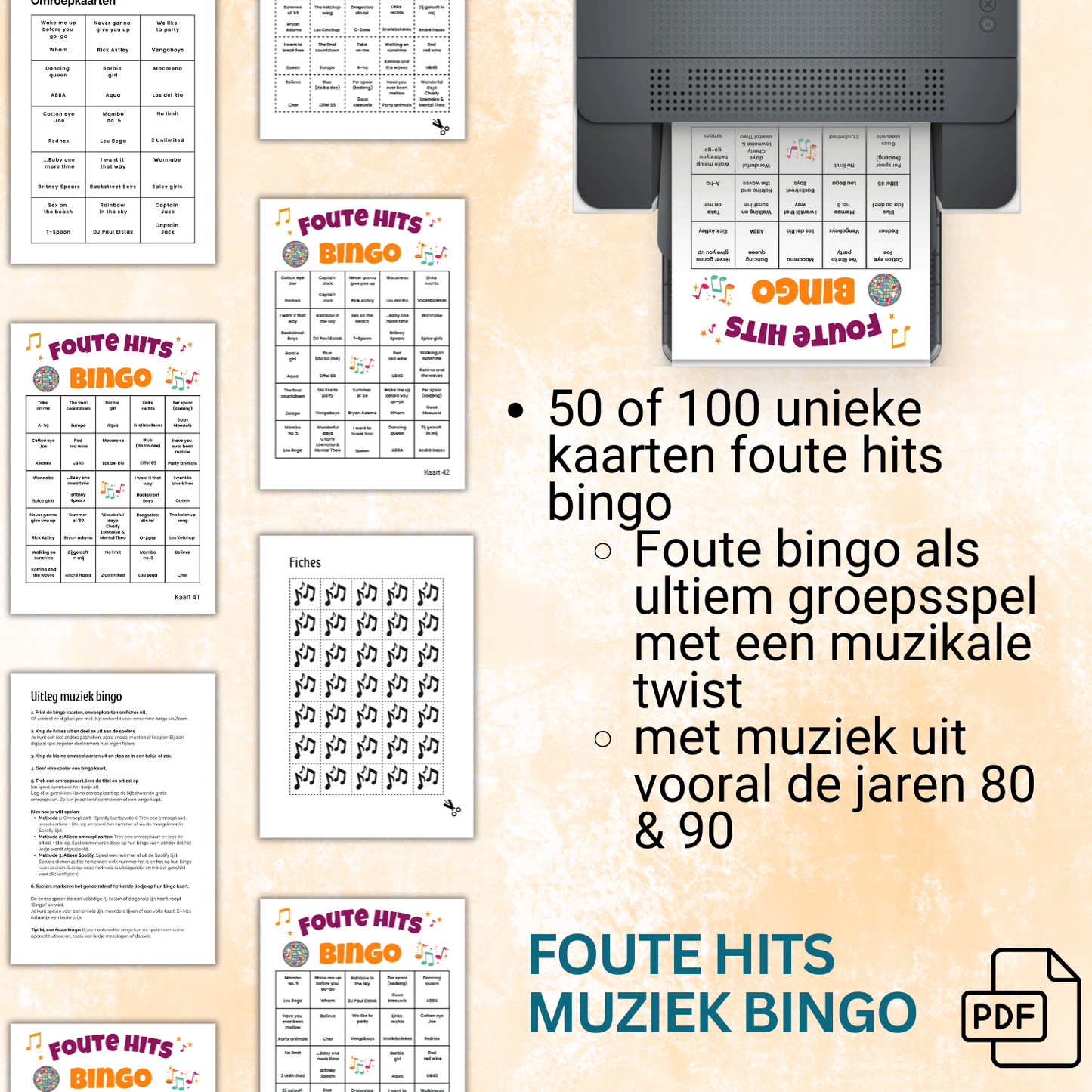Uit te printen foute hits muziek bingo kaarten voor grotere gezelschappen tot 50 of 100 personen