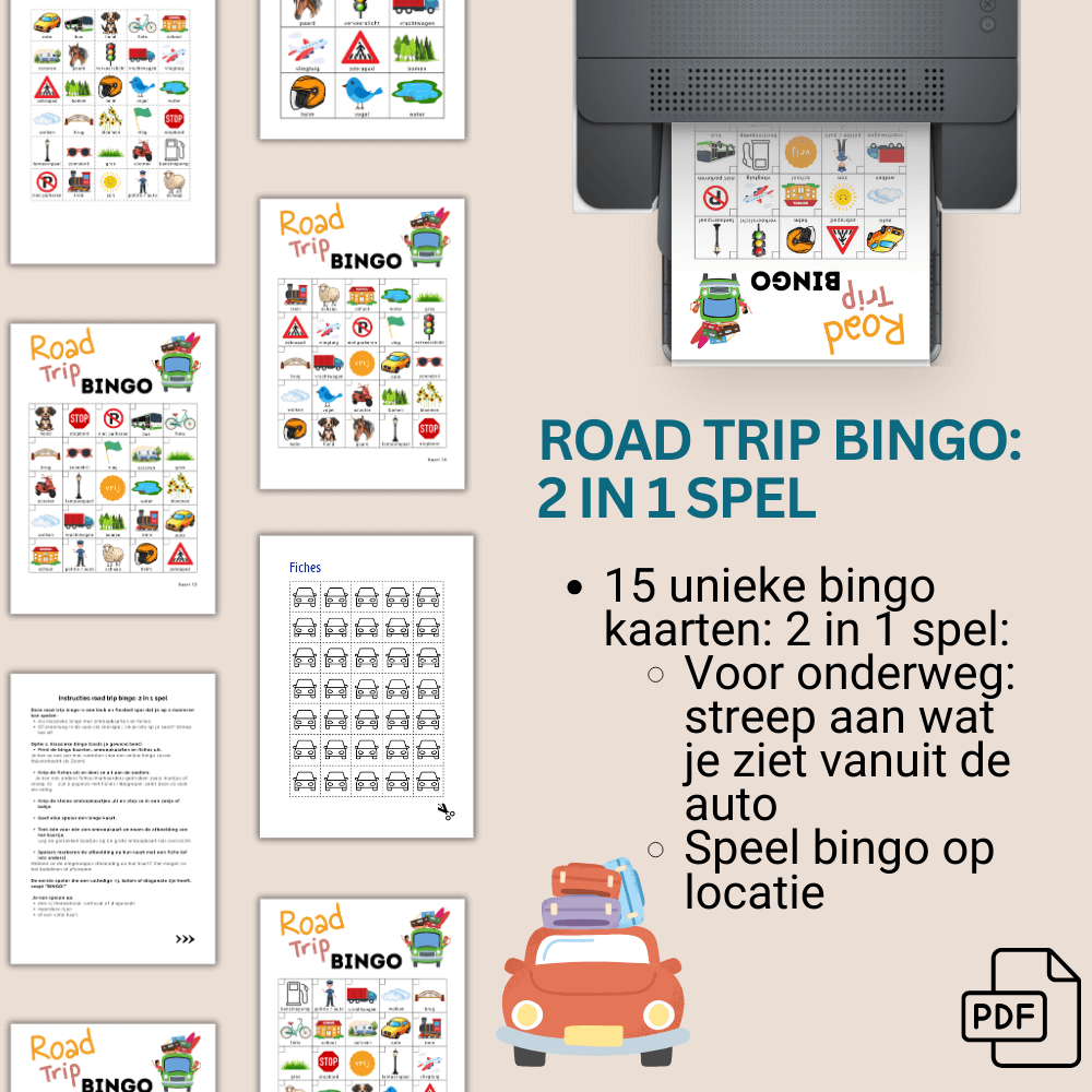 Bingo spel voor onderweg en vakantie met 15 road trip bingo kaarten
