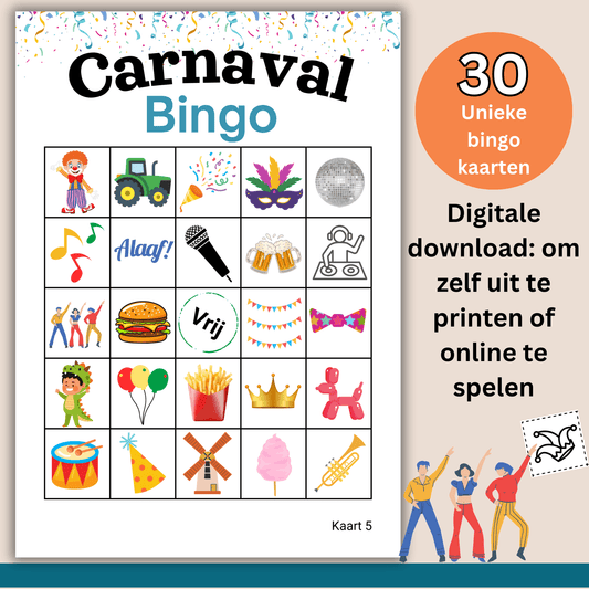 Carnaval activiteiten, het leukste Carnavals spelletje: digitaal bingo spel om thuis of op spelletjes avond met vrienden te spelen, tot 30 personen