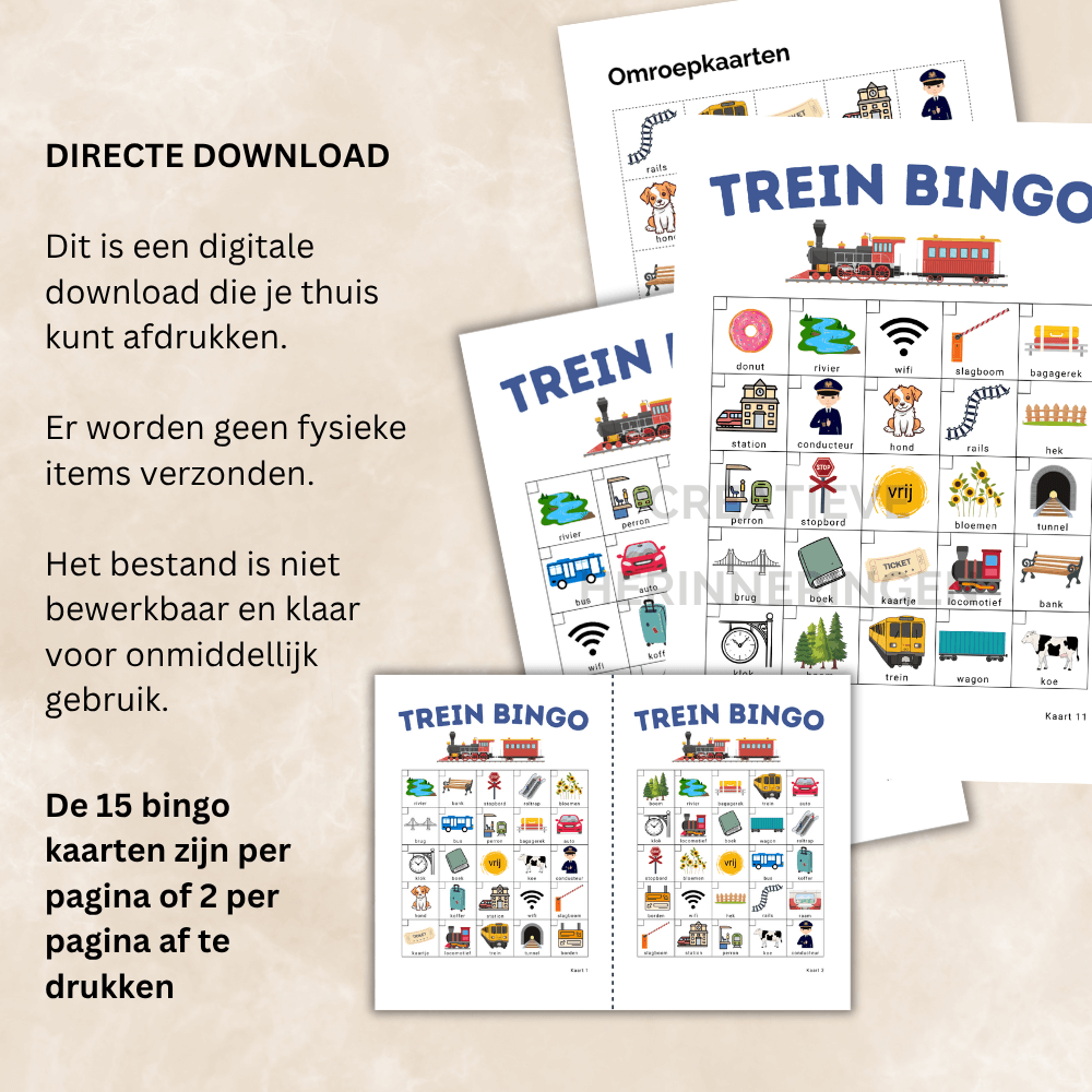 Kinderbingo met trein thema, perfect voor lange treinreizen of thuis bingo spelen