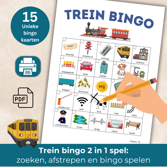 Bingo spel met trein voor kinderen, ideaal voor thuis en onderweg, 15 spelers
