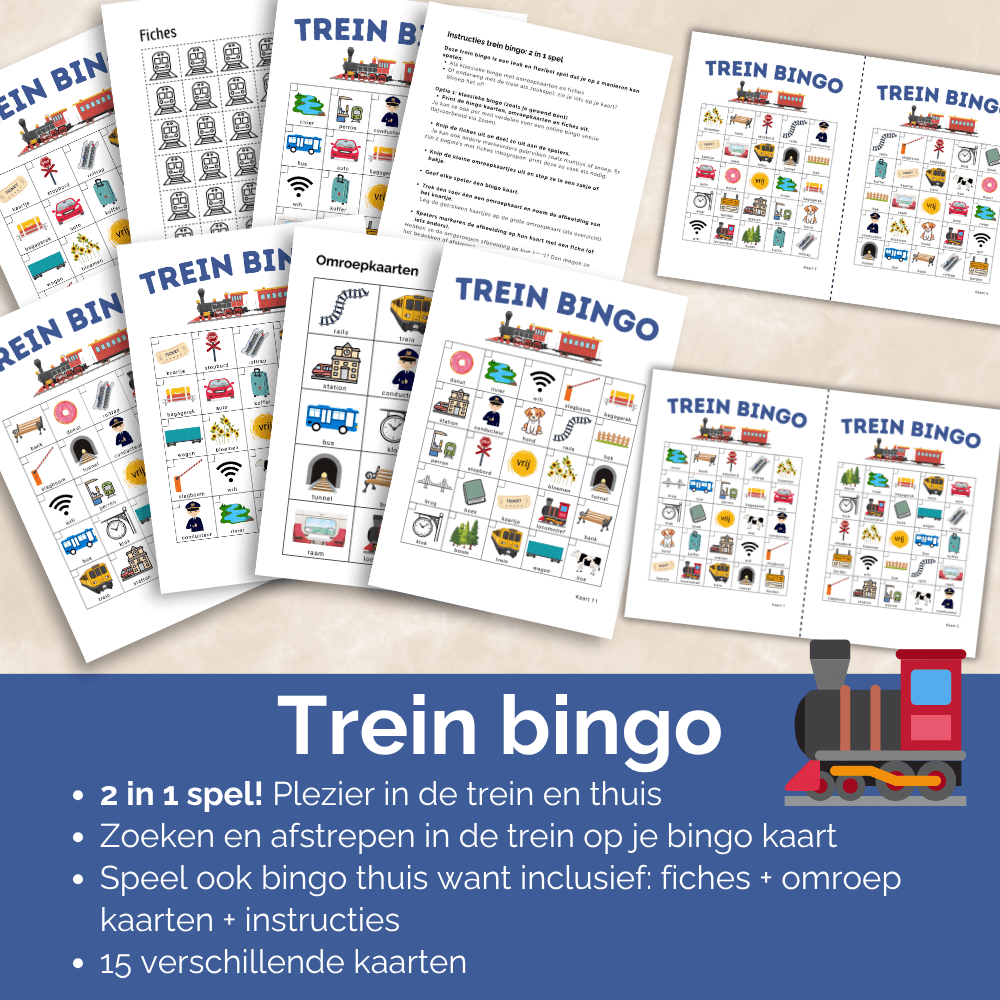 Leuk bingo spel voor in de trein, speciaal voor kinderen, en trein bingo voor thuis