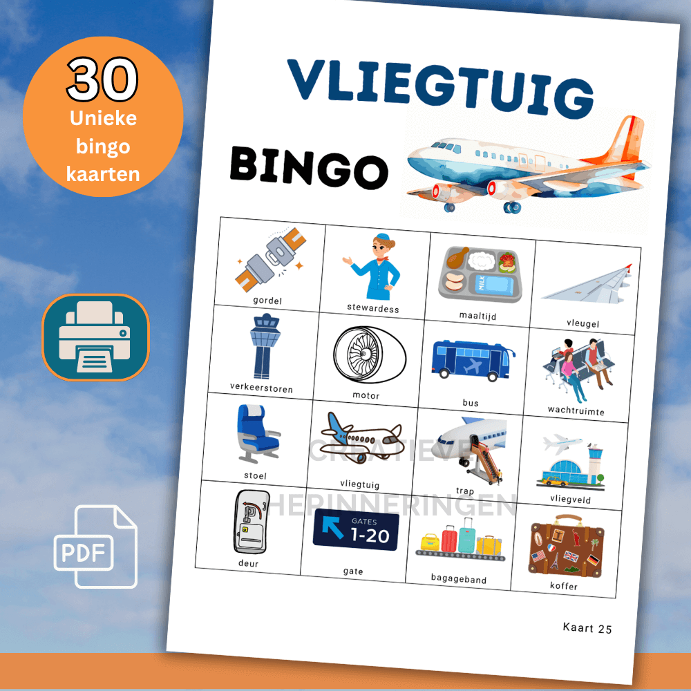 Vliegtuigspel voor kinderen met 30 unieke vliegtuig bingo kaarten