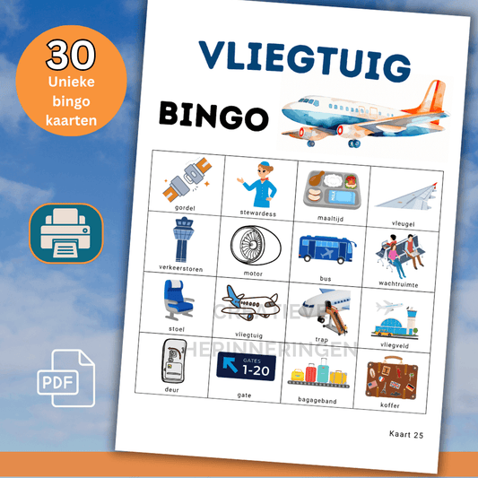 Vliegtuigspel voor kinderen met 30 unieke vliegtuig bingo kaarten