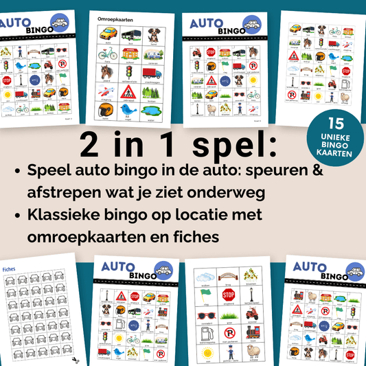 Kinderen spelen autobingo in de auto zonder scherm met 15 kleurrijke kaarten
