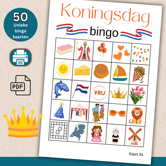 Koningsdag spelletje: Bingo met 50 unieke kaarten, direct te downloaden als PDF.