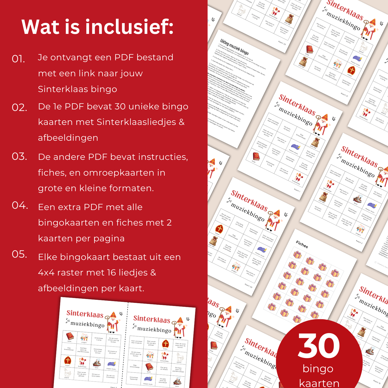 Sinterklaas muziek bingo om thuis te spelen met familie of vrienden, 30 unieke kaarten