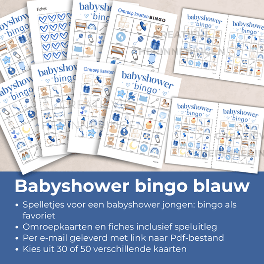 Uit te printen babyshower spel met stoere blauwe stijl (30 kaarten)