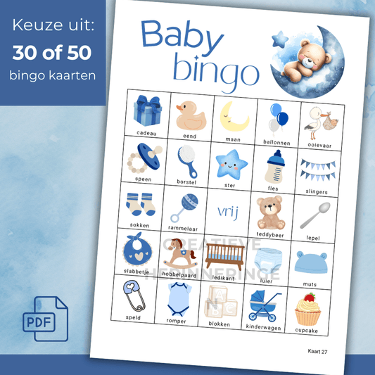 Stoere blauwe jongens babyshower bingo met teddybeer op maan, uit te printen kaarten: 30 of 50 stuks