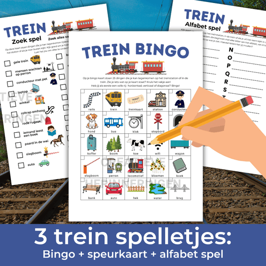 Drie uit te printen trein spellen voor kinderen onderweg