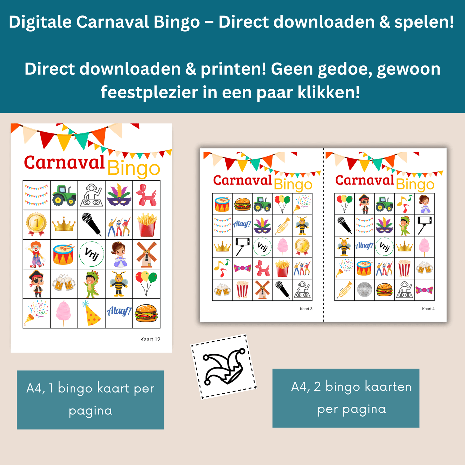 Carnaval Bingo PDF met 30 unieke bingo kaarten om te printen