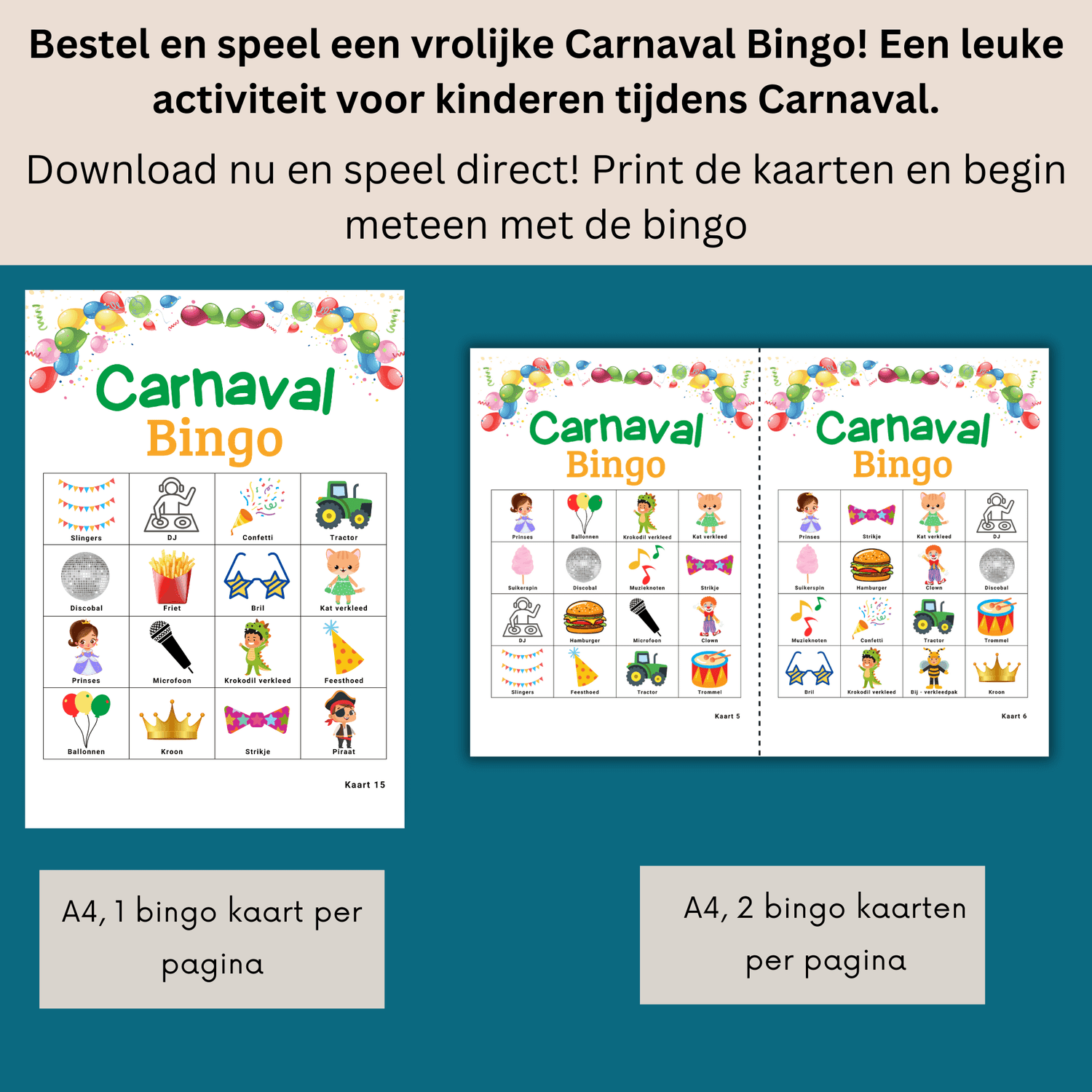 Carnaval spelletje voor kinderen: 15 unieke bingo kaarten 