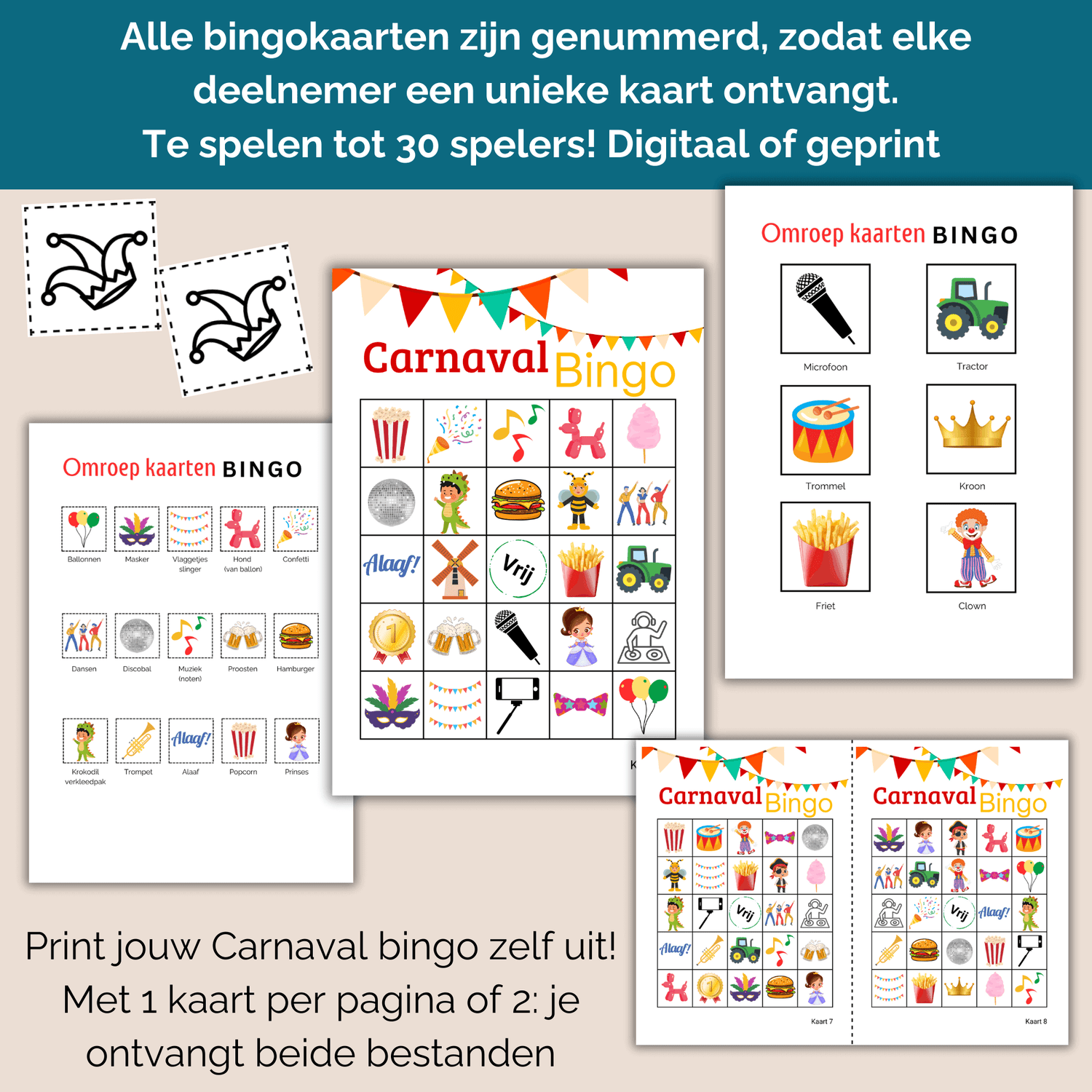 Carnaval Bingo PDF met feestelijke illustraties 30 bingo kaarten