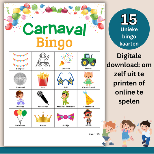 Leuke bingo voor Carnaval met kinderen: print en speel tot 15 deelnemers