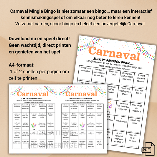 Printbare Carnaval Mingle Bingo voor Carnavalsfeesten en Carnavalsgroepen