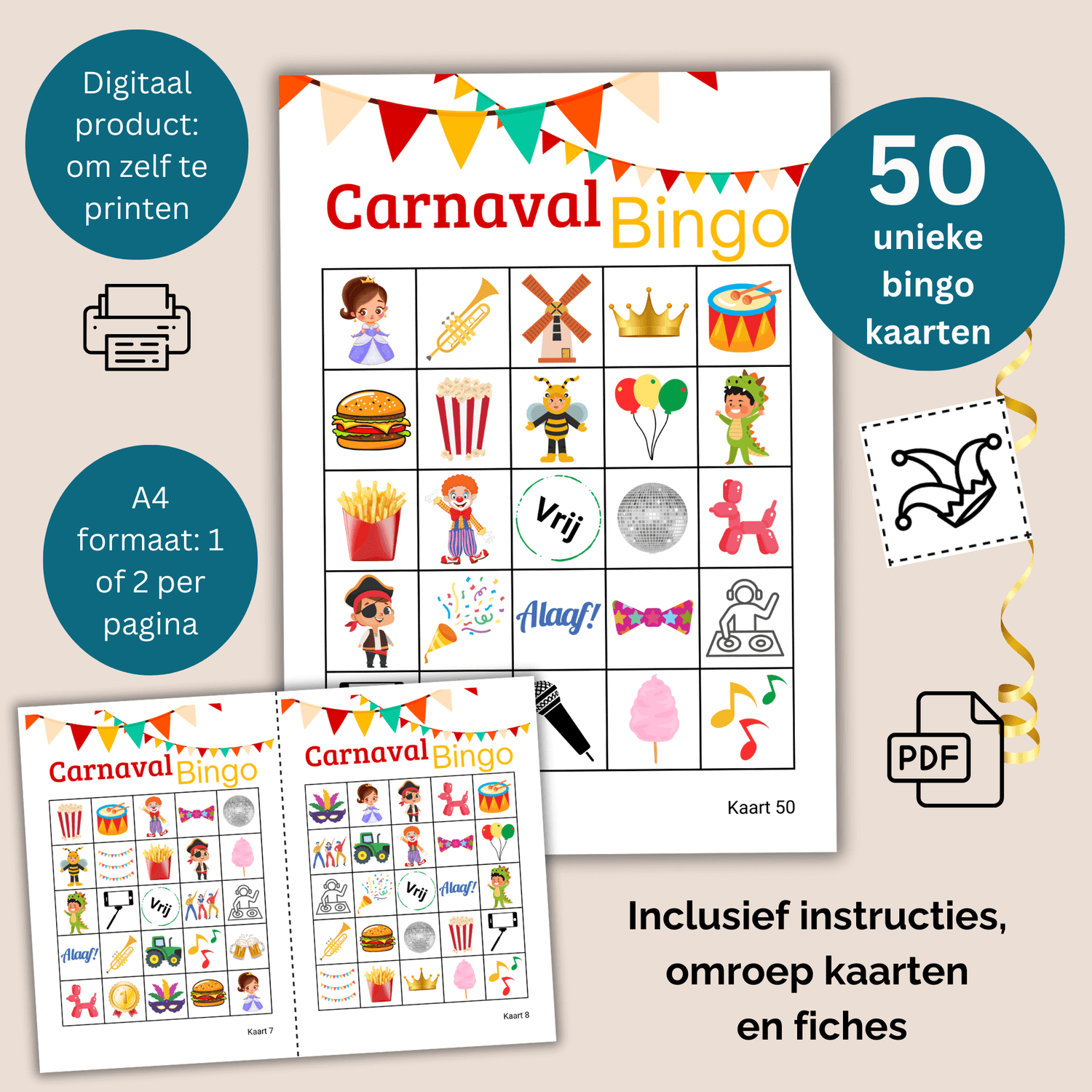 Carnavalsbingo PDF met 50 unieke kaarten voor grote groepen