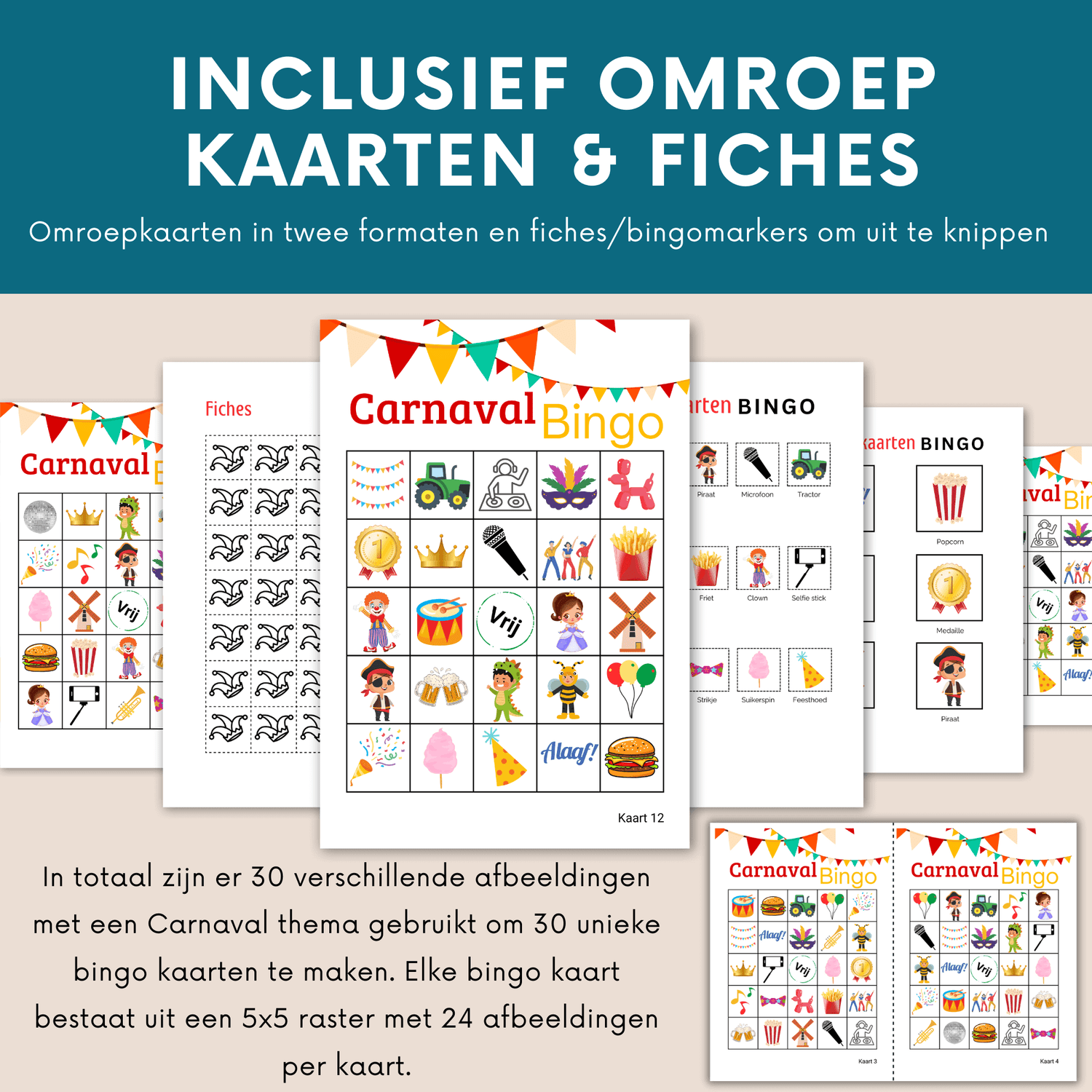 Carnaval spelletje met 30 unieke bingo kaarten als PDF