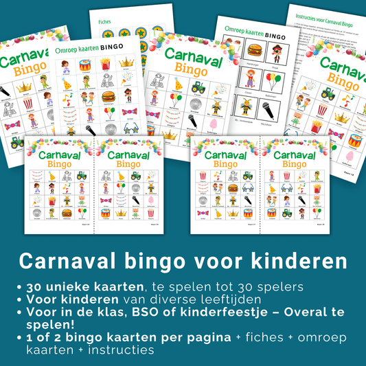 Printbare Carnaval bingo voor kinderen, 30 unieke kaarten als PDF