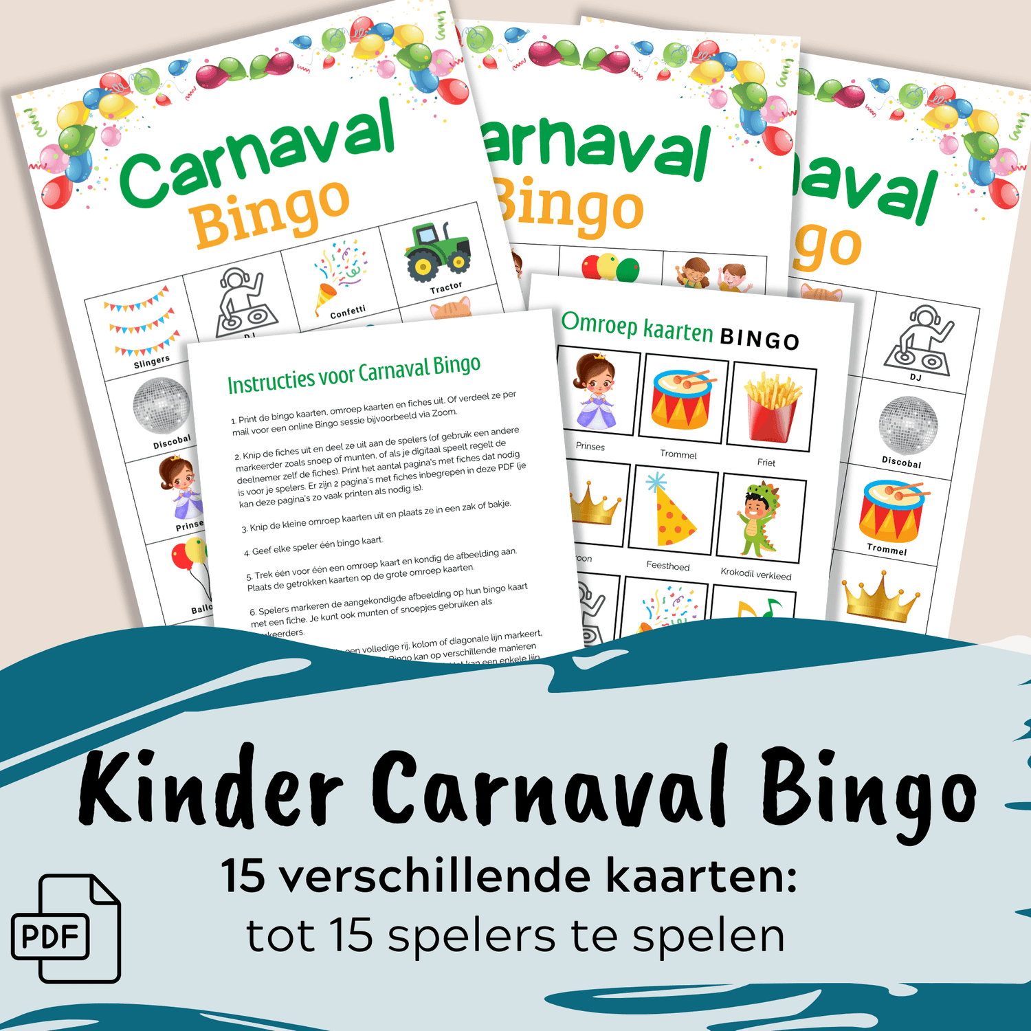 Uit te printen kinder Carnaval bingo: perfect voor kinderfeestjes, tot 15 spelers