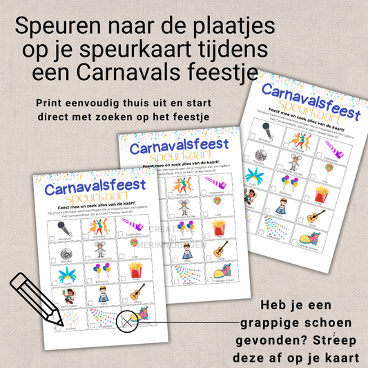 Interactieve speurkaart met feestelijke elementen die je kan vinden op een Carnavals feest, speciaal voor kinder Carnaval