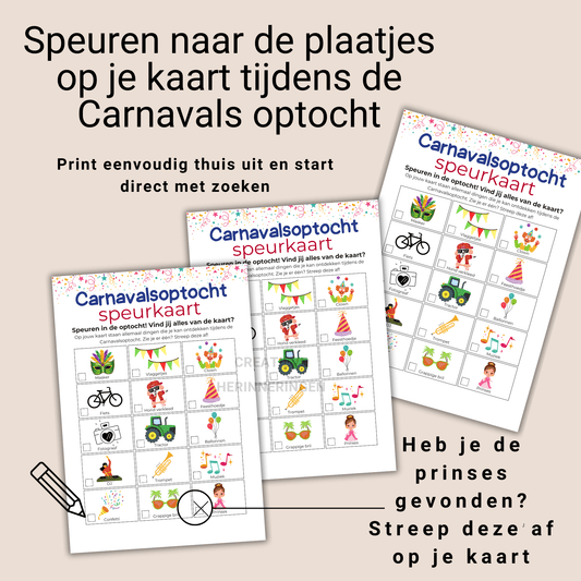 Zoekspelletje met speurkaart voor tijdens de Carnavals optocht, ideaal voor gezinnen.