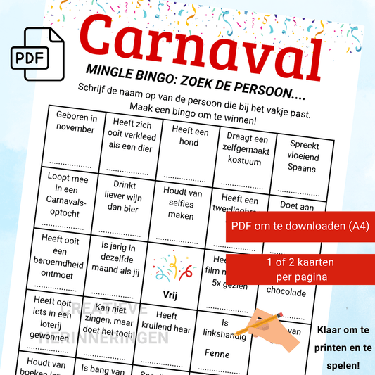 Carnavals Quiz Mingle Bingo – interactief feestspel als PDF
