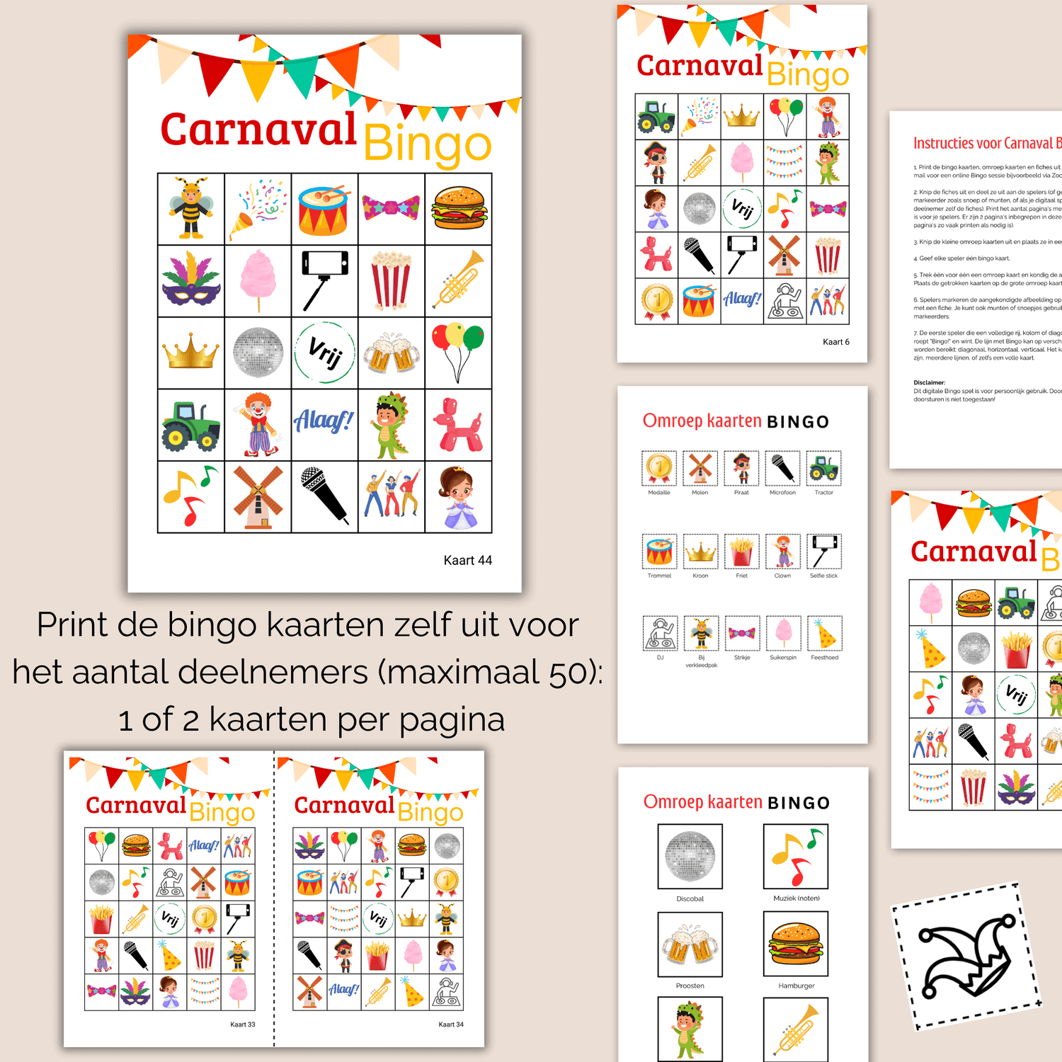 Carnavalsbingo spel met 50 kaarten, ideaal voor feestjes