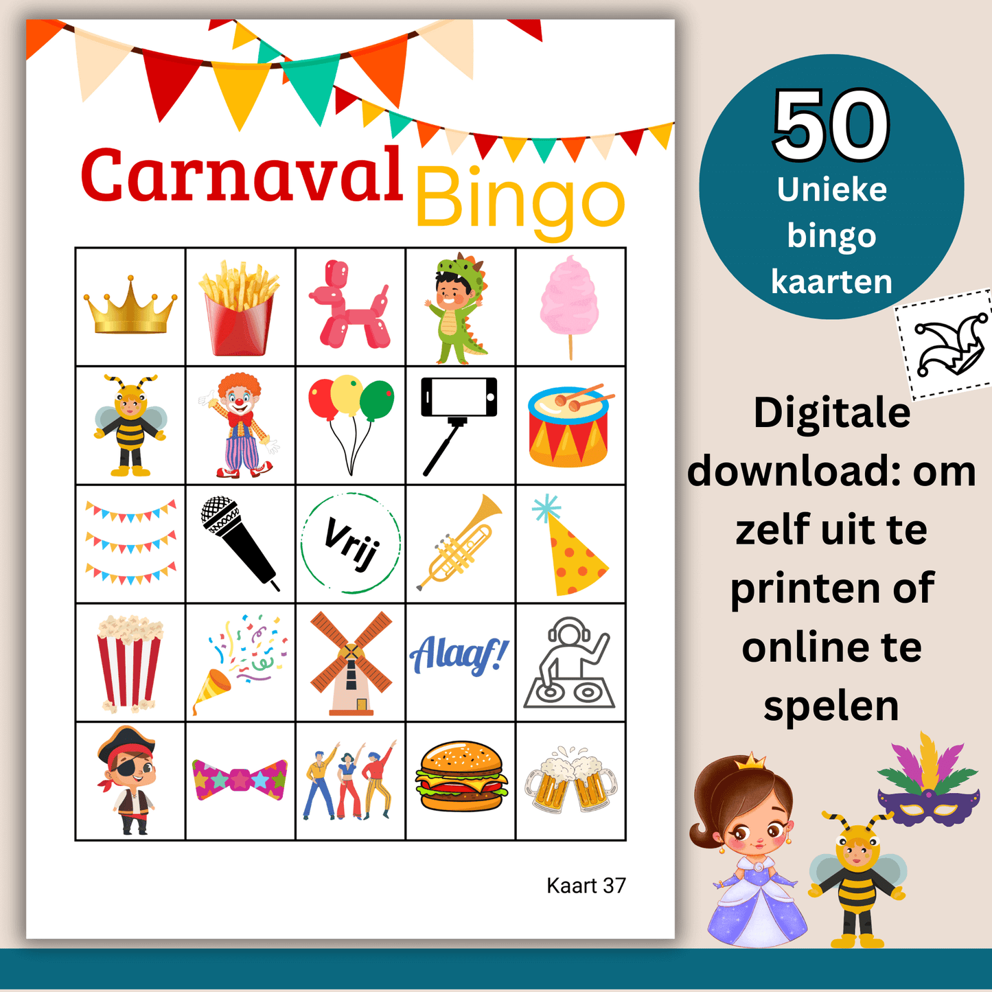 Carnaval spelletje met 50 unieke bingokaarten in PDF-formaat