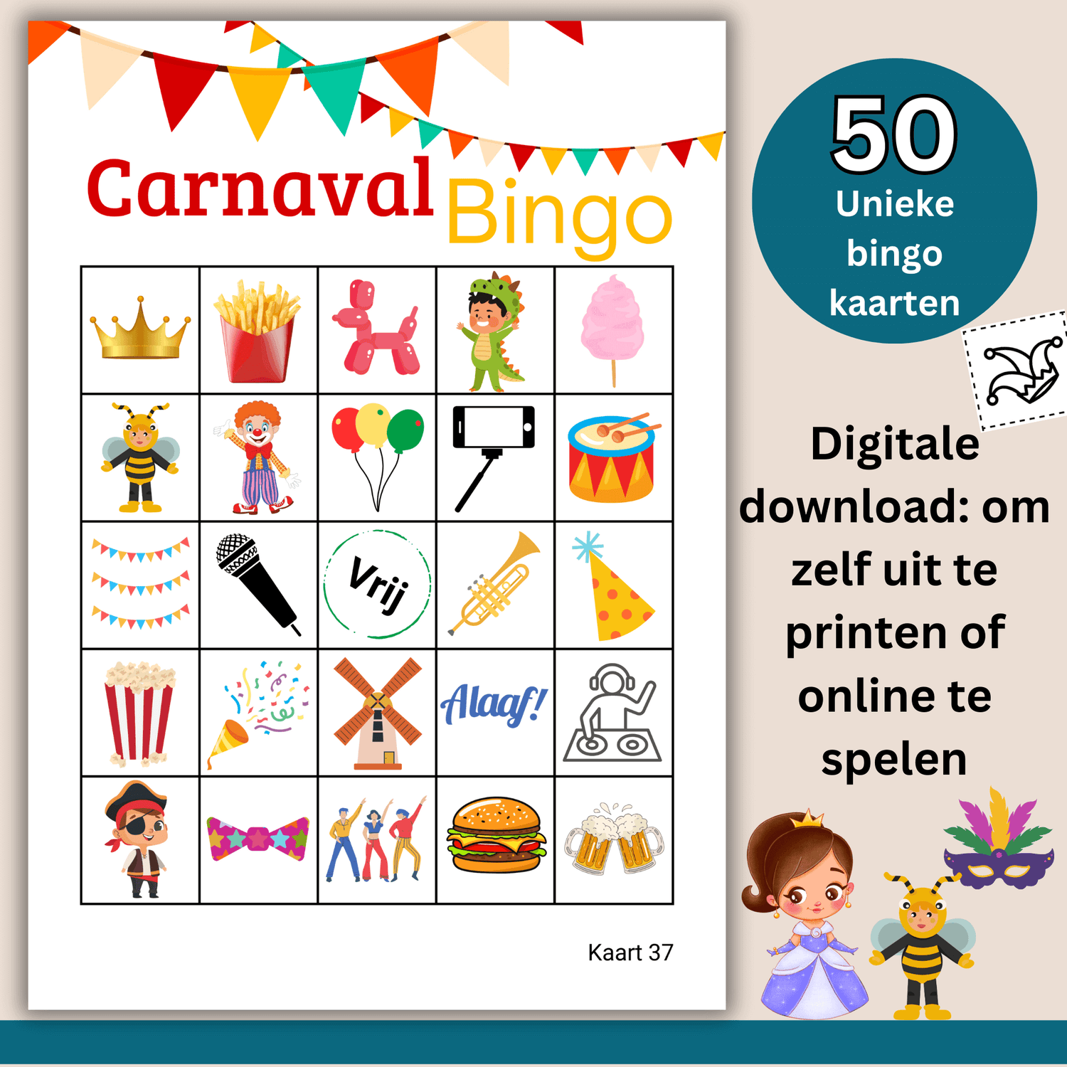 Carnaval spelletje met 50 unieke bingokaarten in PDF-formaat