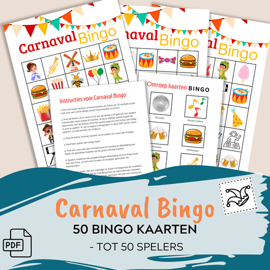 Carnavalsbingo voor verenigingen, scholen en feestvierders, met 50 unieke bingo kaarten