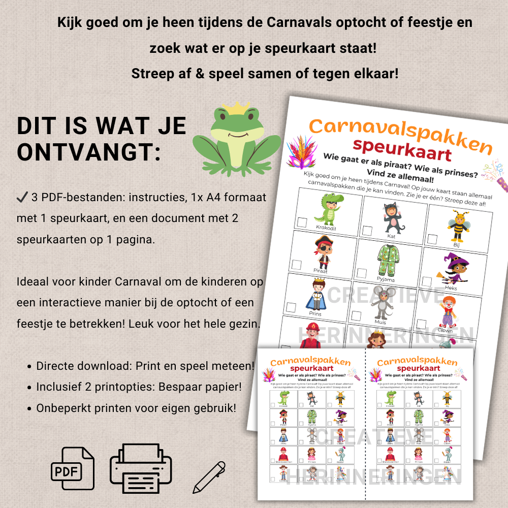 Zoekspelletje voor kinderen om alle Carnavalspakken van de speurkaart te vinden  