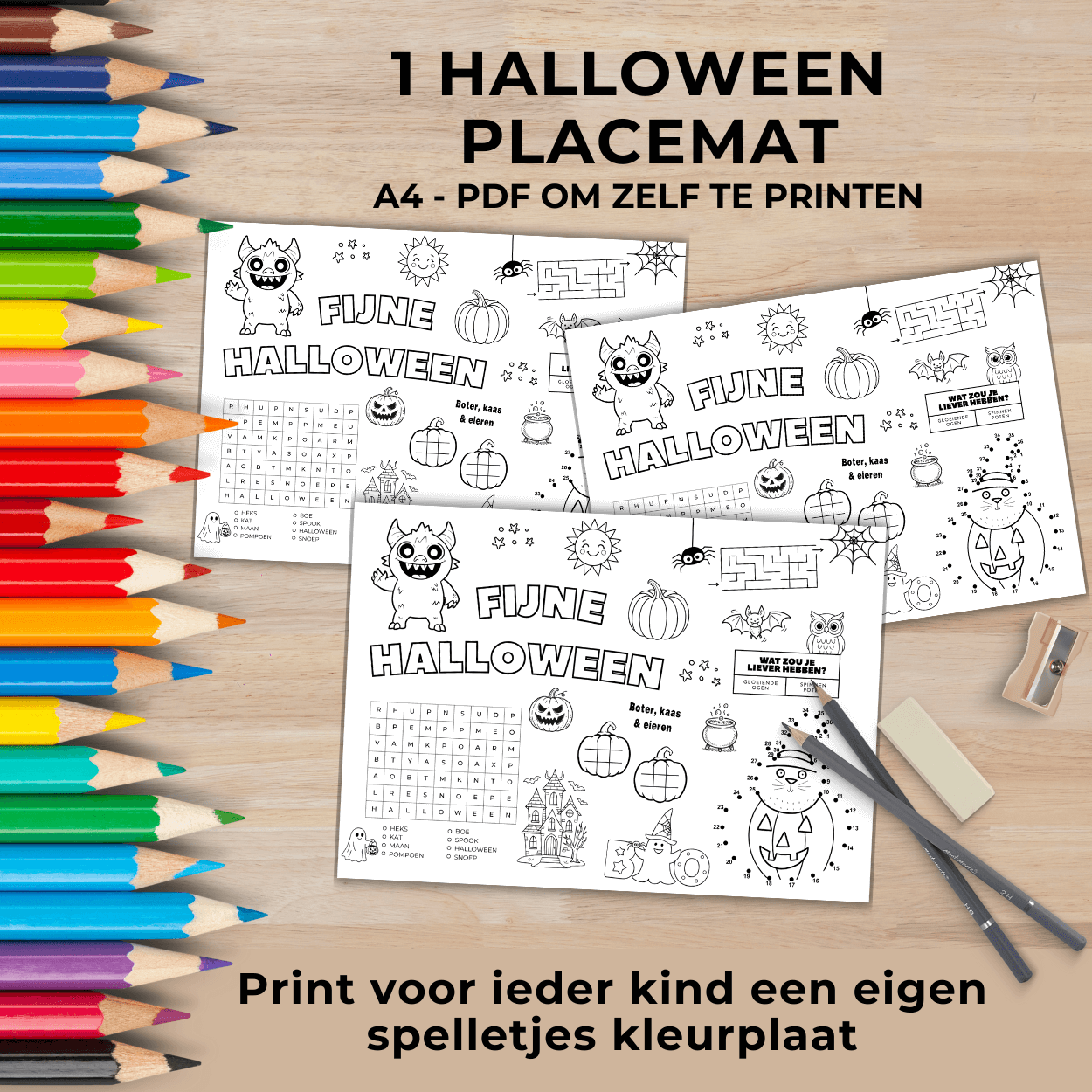 Halloween kleurplaat met spelletjes voor kinderen, eenvoudig downloaden en printen