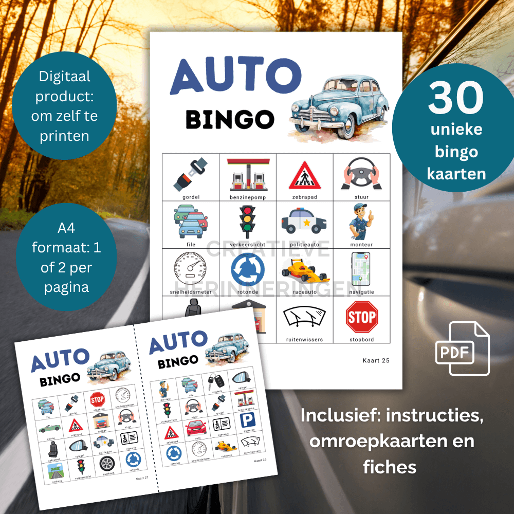 Auto bingo kaarten voor kinderen met auto’s – ideaal voor feestjes zoals kinderfeest of verjaardag