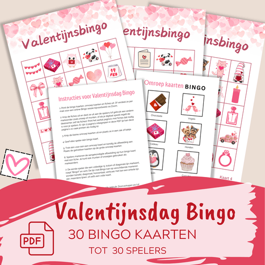 Valentijnsdag familie bingo: digitaal spel met 30 unieke kaarten als PDF
