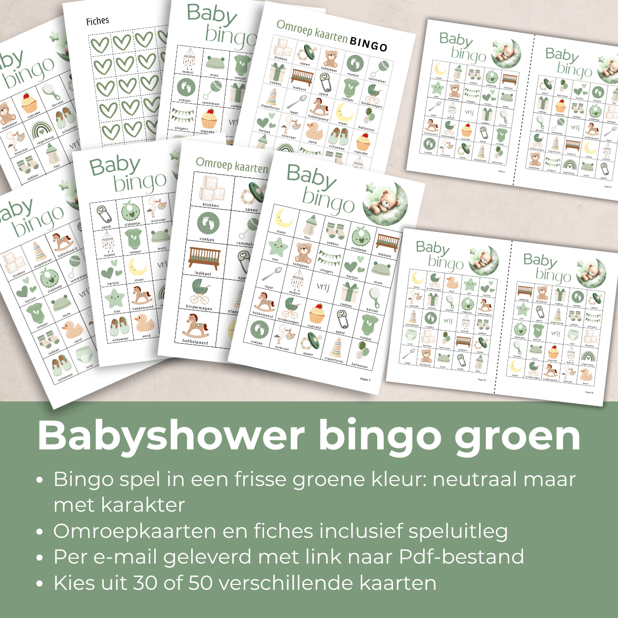 Digitale babyshower bingo in groen thema met teddybeer en ster ontwerp