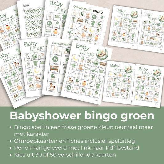 Digitale babyshower bingo in groen thema met teddybeer en ster ontwerp