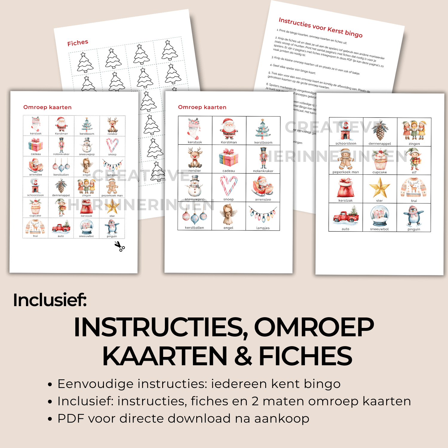 Familie kerstbingo met plaatjes en woorden voor kinderen, een vrolijk en eenvoudig te printen kerstspel.