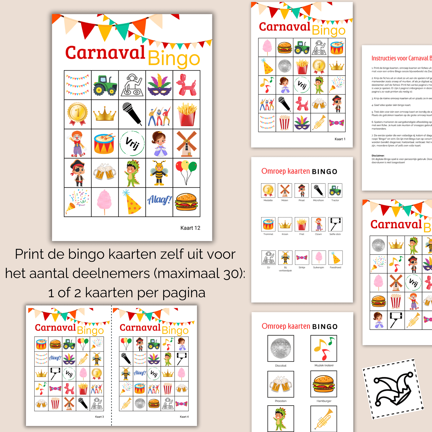 Printbare Carnaval spelletje bingo voor basisschool en thuis