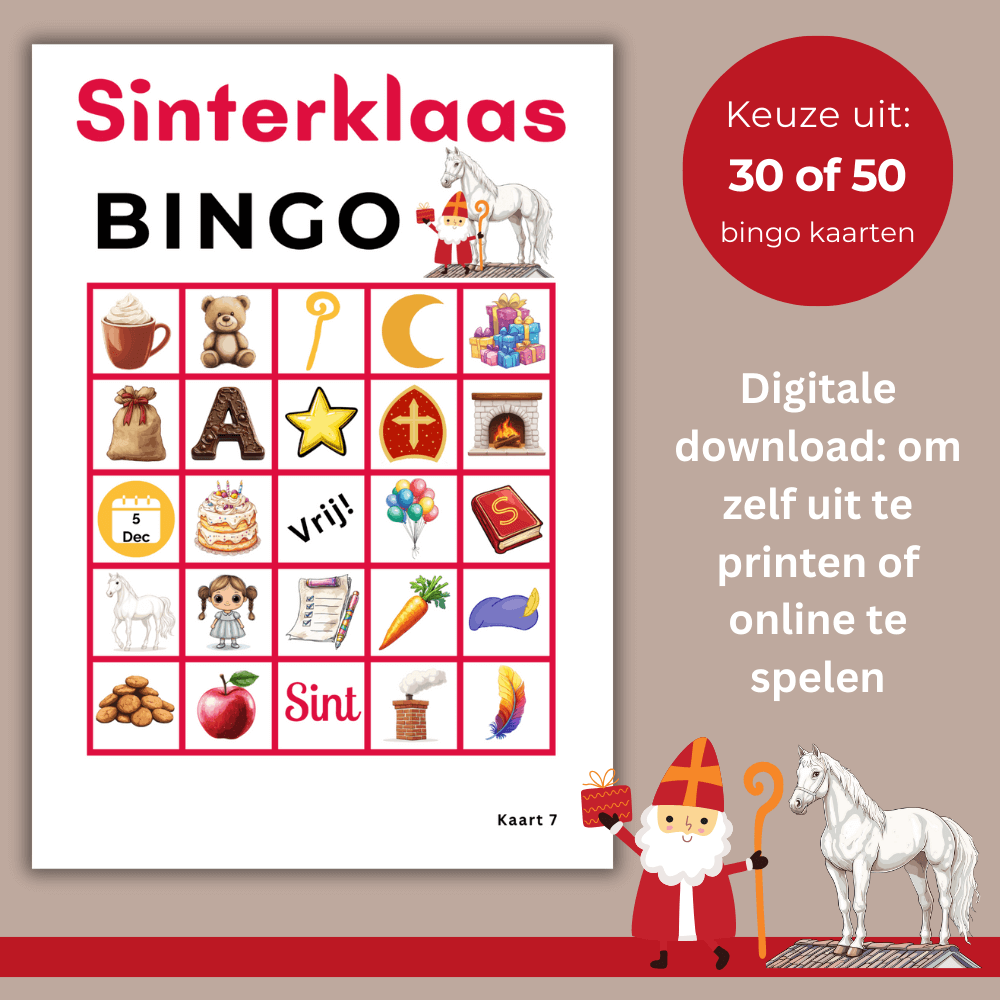Sinterklaas bingo spel digitaal, uit te printen  kaarten en speluitleg inbegrepen (30 of 50)
