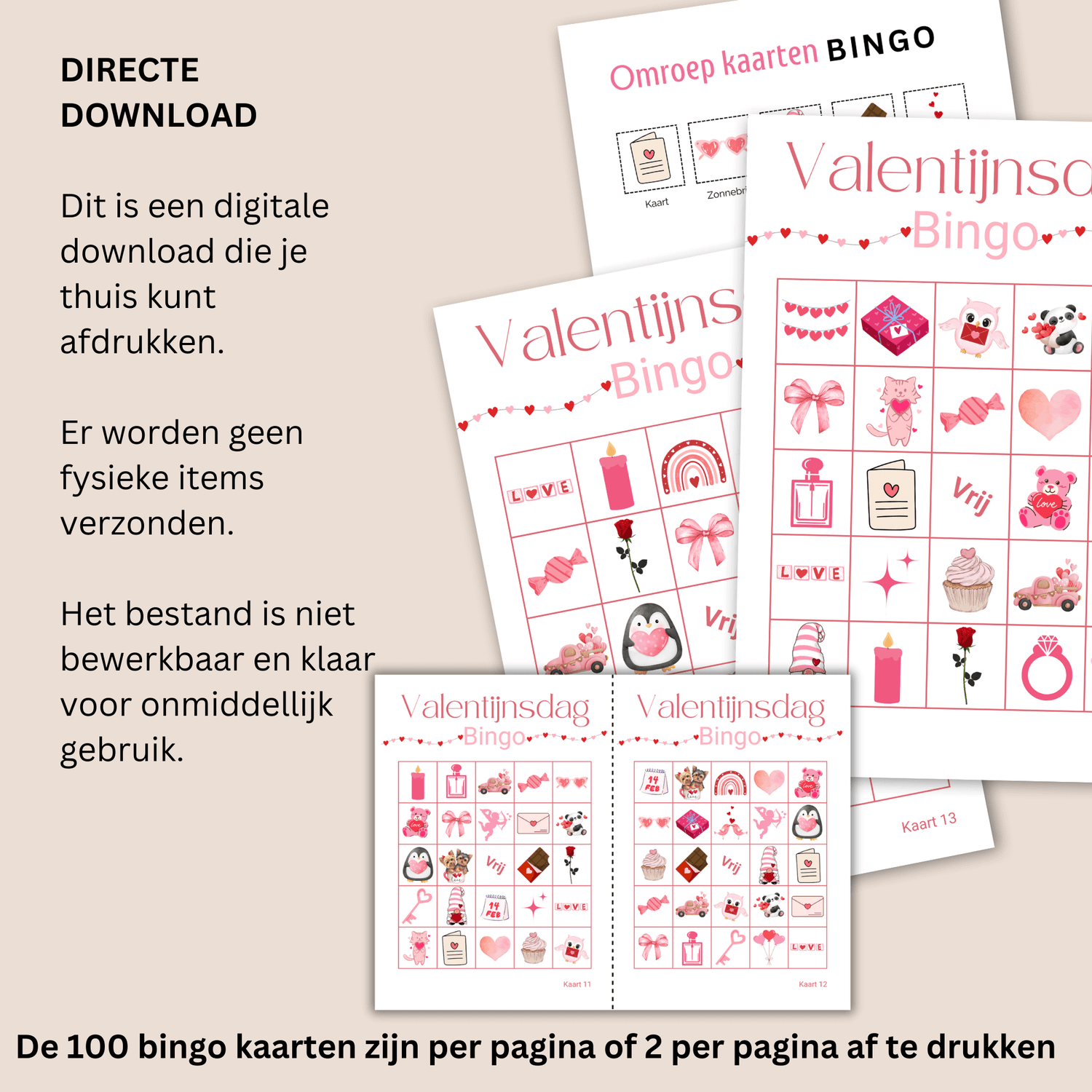 Valentijnsdag spel: Bingo voor families, vrienden en scholen tot 100 deelnemers