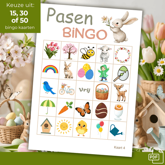 Direct te downloaden paasbingo pdf voor de paasdagen, kies uit 15, 30 of 50 kaarten.