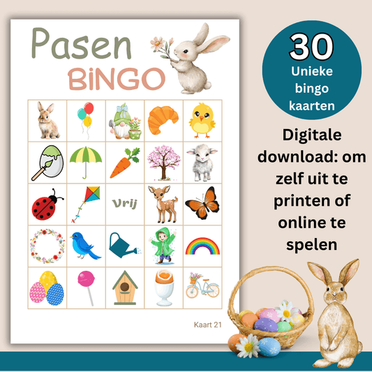 Paasbingo PDF met 30 unieke bingo kaarten om direct te printen en spelen.