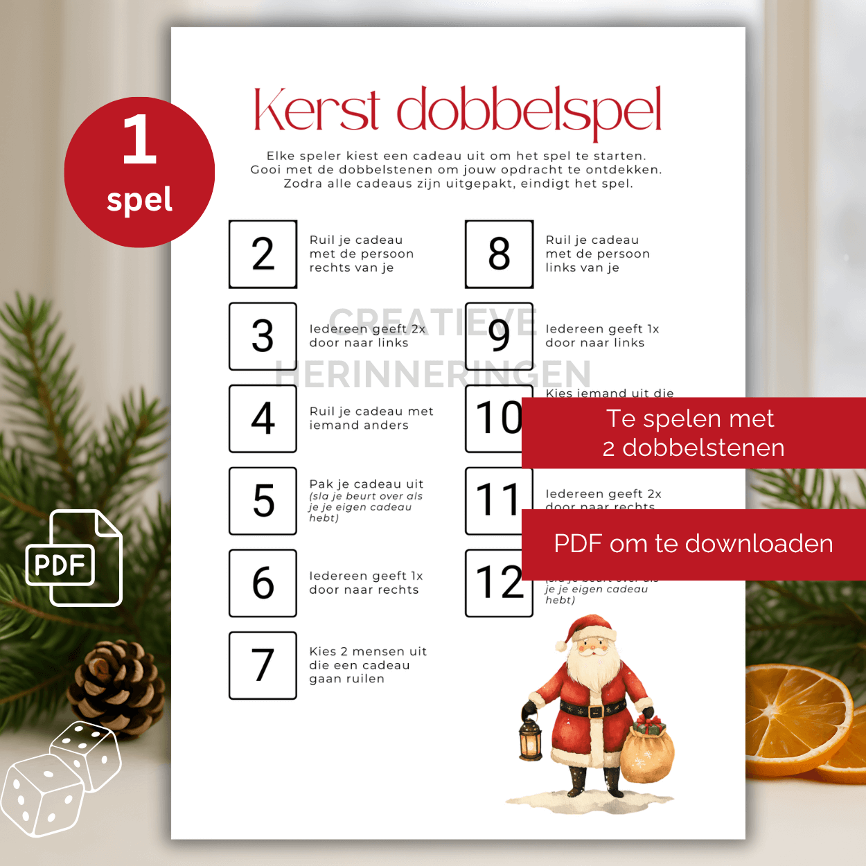 Te printen kerst dobbelspel met cadeautjes en 11 opdrachten