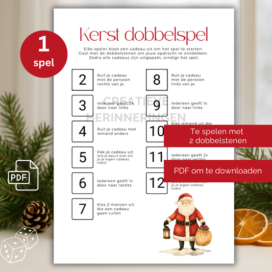 Te printen kerst dobbelspel met cadeautjes en 11 opdrachten