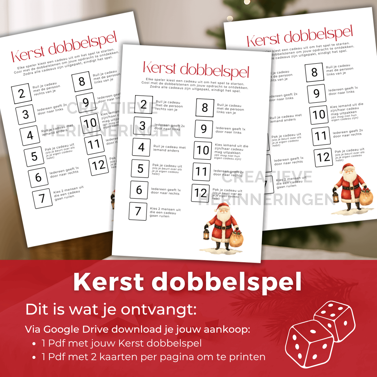 Download het kerst dobbelspel om cadeaus te verdelen direct als pdf en speel meteen
