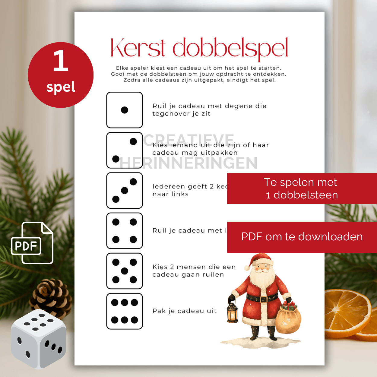 Te printen kerst dobbelspel op één A4 met 6 opdrachten