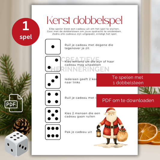 Te printen kerst dobbelspel op één A4 met 6 opdrachten