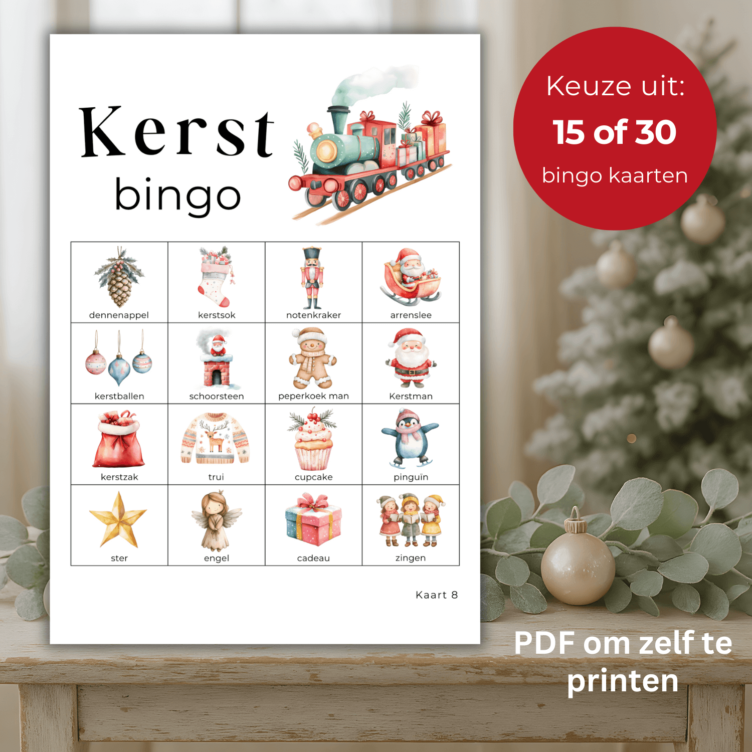 Feestelijke kerstbingo voor kinderen (met 15 of 30 kaarten), eenvoudig te printen en samen te spelen.