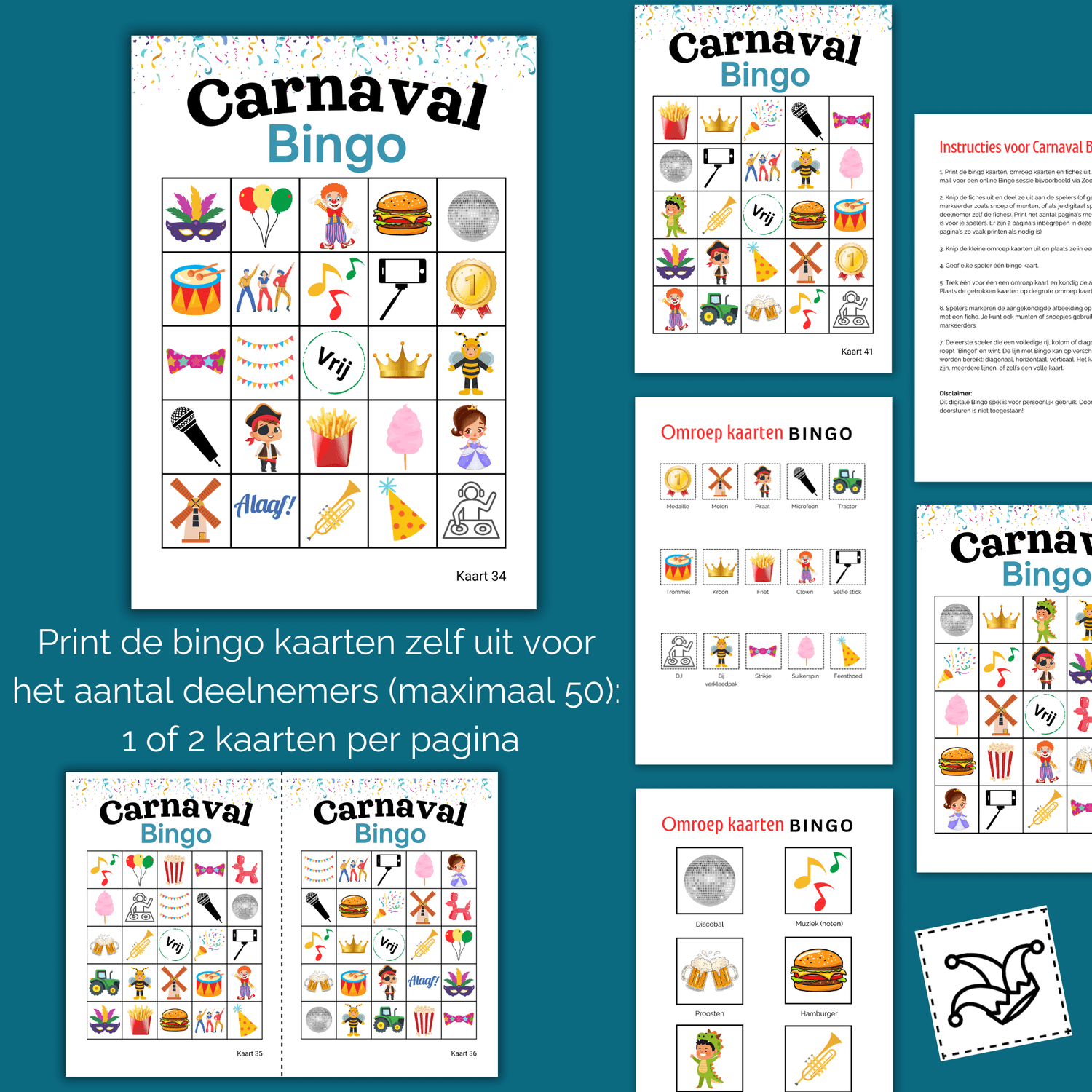 Online bingo spel Carnaval – leuk voor kinderen en volwassenen, maximaal 50 spelers