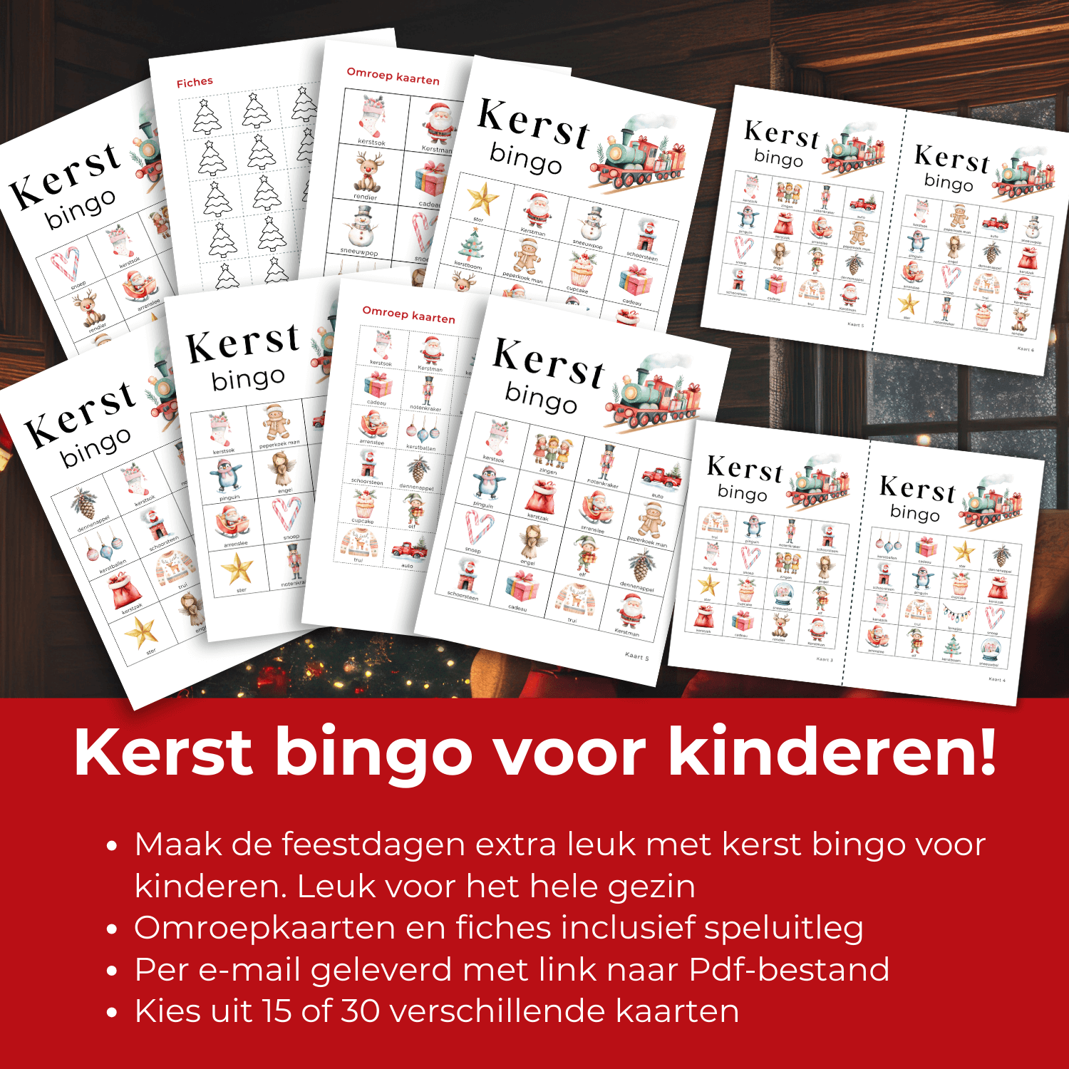 Leuke bingo met kerst plaatjes voor jonge kinderen, geschikt voor gezin, klas of kinderfeestje.